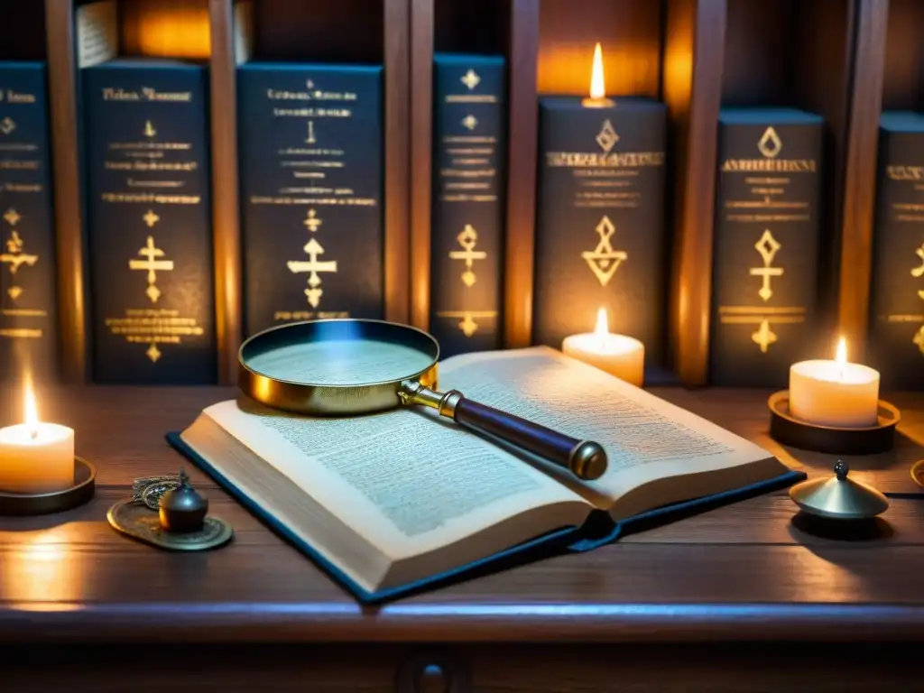 Escena misteriosa de una habitación con manuscritos antiguos en una mesa de madera