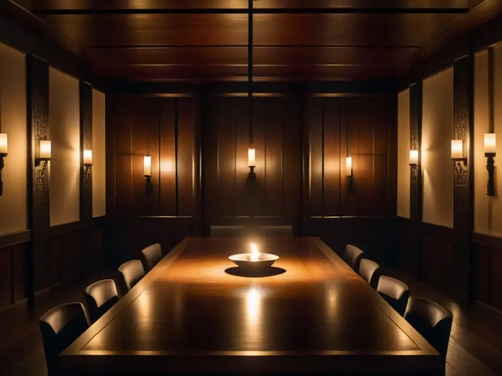 Misteriosa reunión secreta en sala iluminada por velas Escena misteriosa de una reunión clandestina con símbolos antiguos en una mesa de madera iluminada por velas
