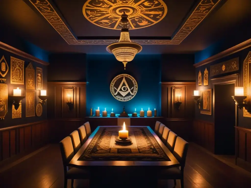 Escena misteriosa de una reunión de sociedades secretas en una sala decorada con influencia en el arte moderno