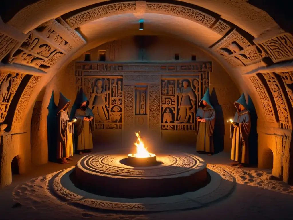 Ritual de iniciación en cámara subterránea: misterio y poder Escena misteriosa de rituales de iniciación sociedades secretas en cámara subterránea iluminada por antorchas y símbolos antiguos