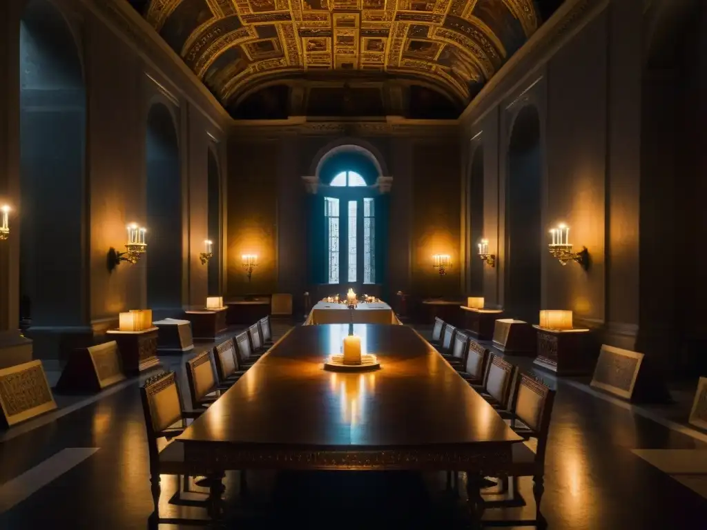 Una escena misteriosa en una sala decorada del Vaticano con sociedades secretas en el Vaticano