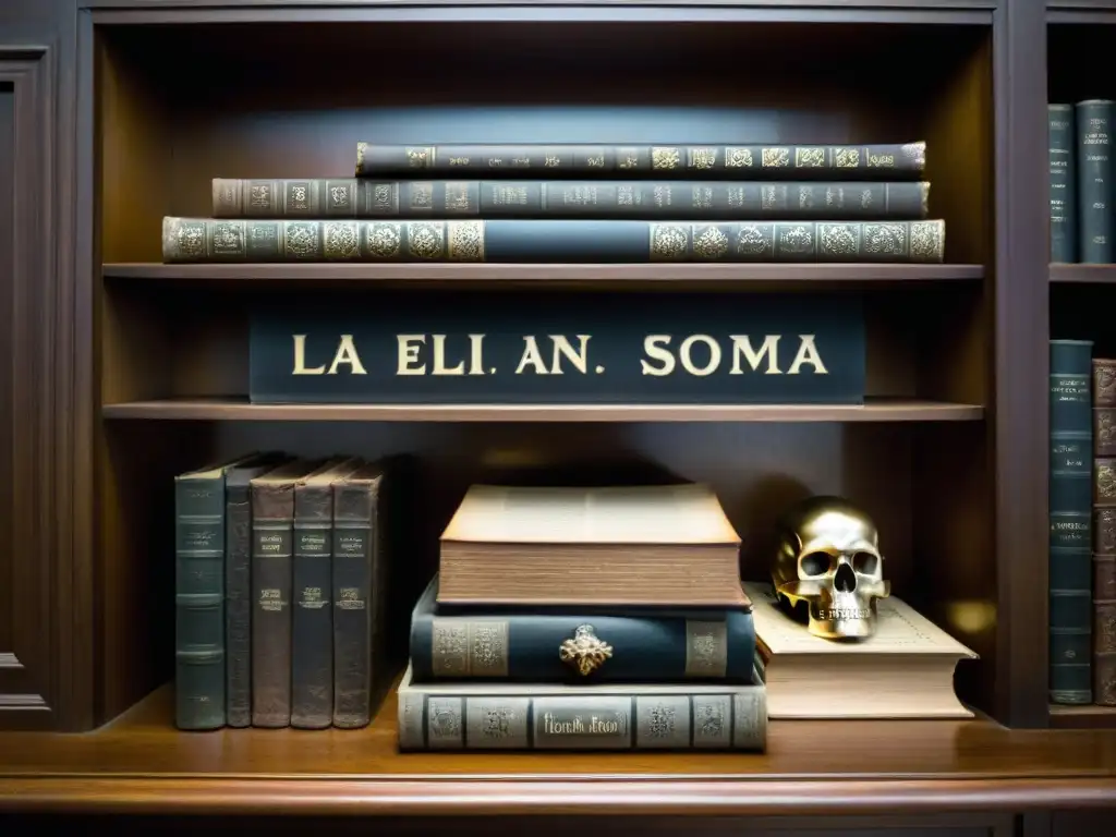 Escena misteriosa en una sala llena de libros antiguos y artefactos, con el libro 'Skull and Bones: La elite en la sombra'