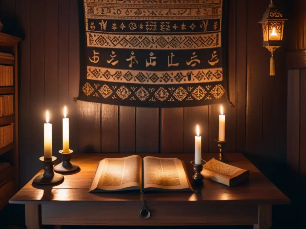 Una escena misteriosa y secreta en una habitación iluminada por una vela, con símbolos antiguos y manuscritos dispersos en una mesa de madera