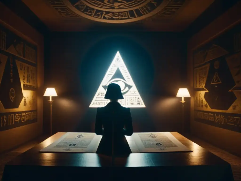 Escena misteriosa en set de video musical con símbolos ocultos e Illuminati