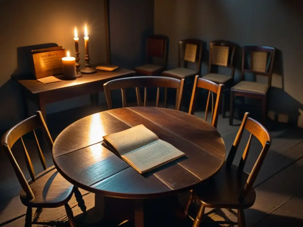 Salón de reuniones secretas: misterio y antigüedad en la penumbra Escena misteriosa en habitación lúgubre con sillas de madera antiguas y mesa de documentos iluminada por vela, evocando sociedades secretas influencia mundo moderno