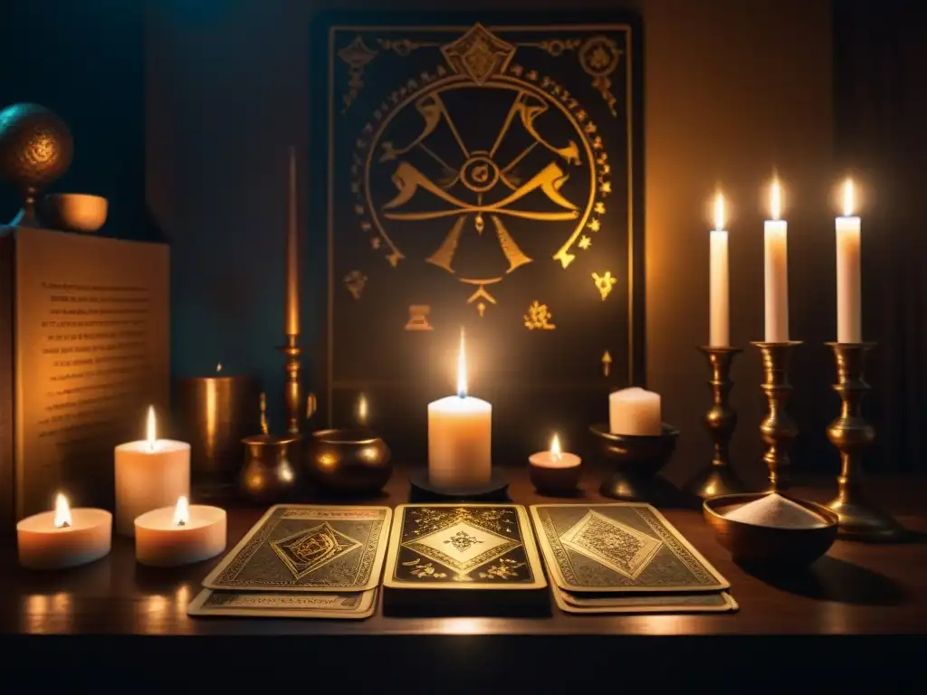 Escena misteriosa con tarot, velas y símbolos secretos, evocando la Importancia del Tarot en siglo XXI