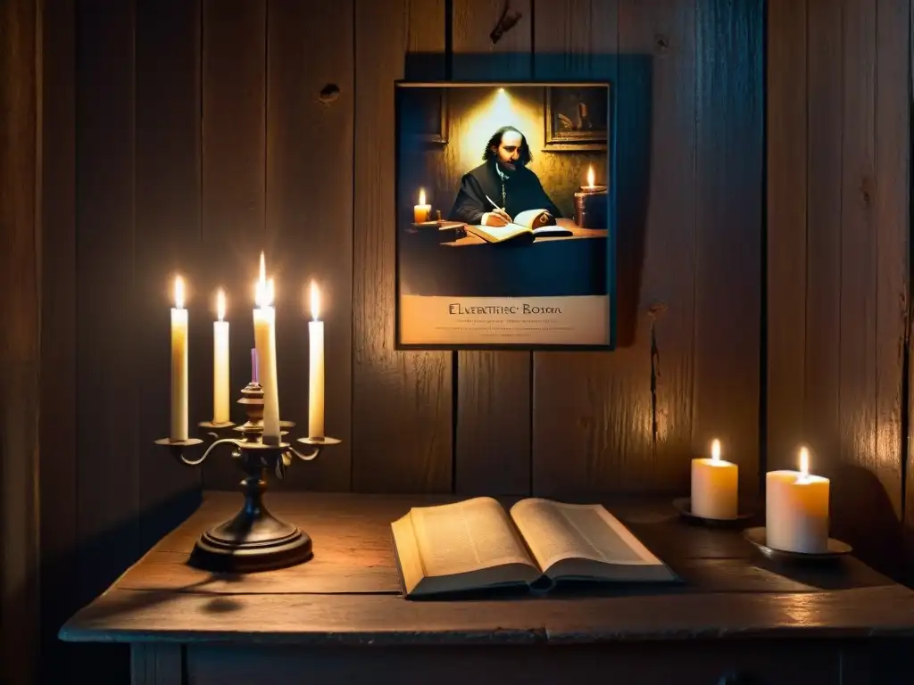 Escena misteriosa en la Sociedad de los Poetas Muertos secretos: velas, libros antiguos y retrato del poeta venerado