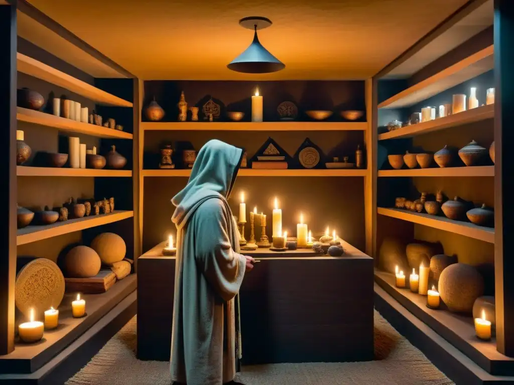 Escena misteriosa de sociedades secretas realizando un ritual en una cámara antigua iluminada por velas, evocando influencia histórica