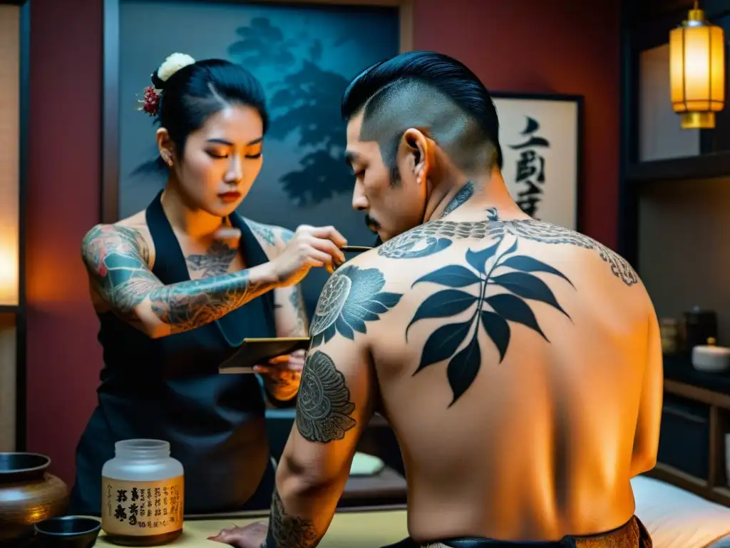 Escena misteriosa: tatuador Yakuza crea una compleja irezumi en estudio tradicional japonés