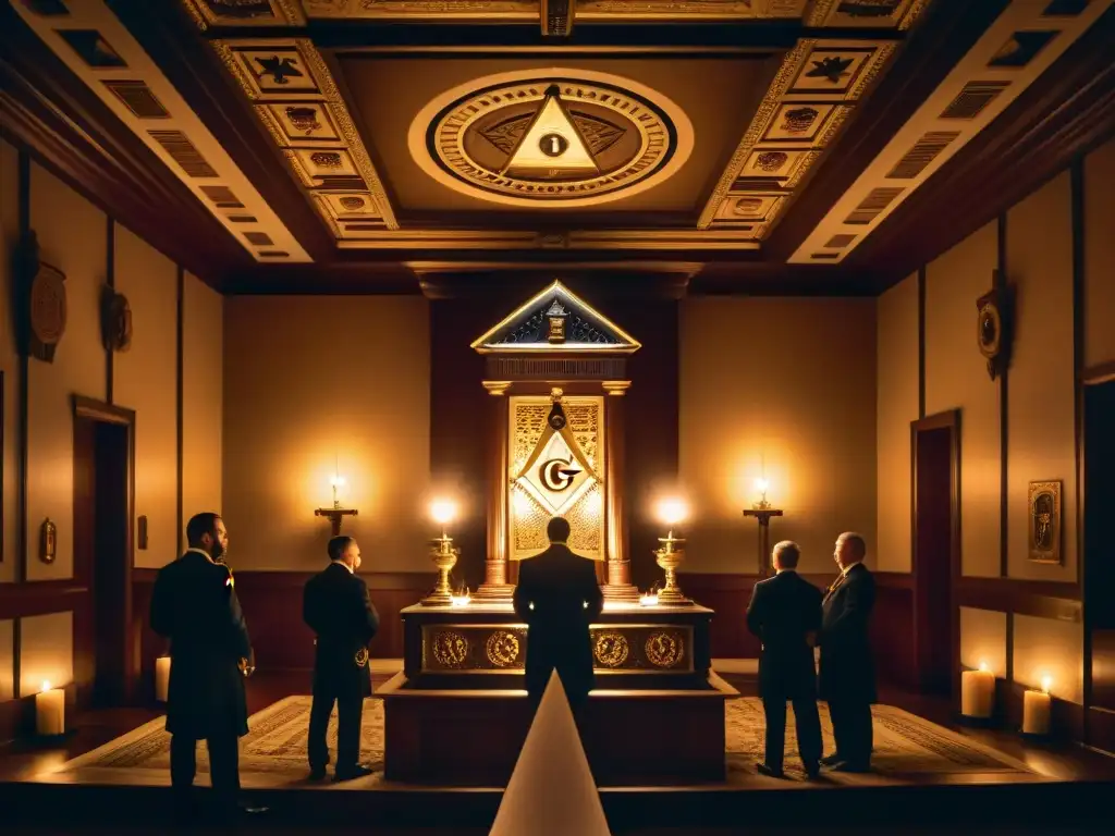 Escena misteriosa en un templo masónico iluminado con velas, donde figuras solemnes realizan un ritual