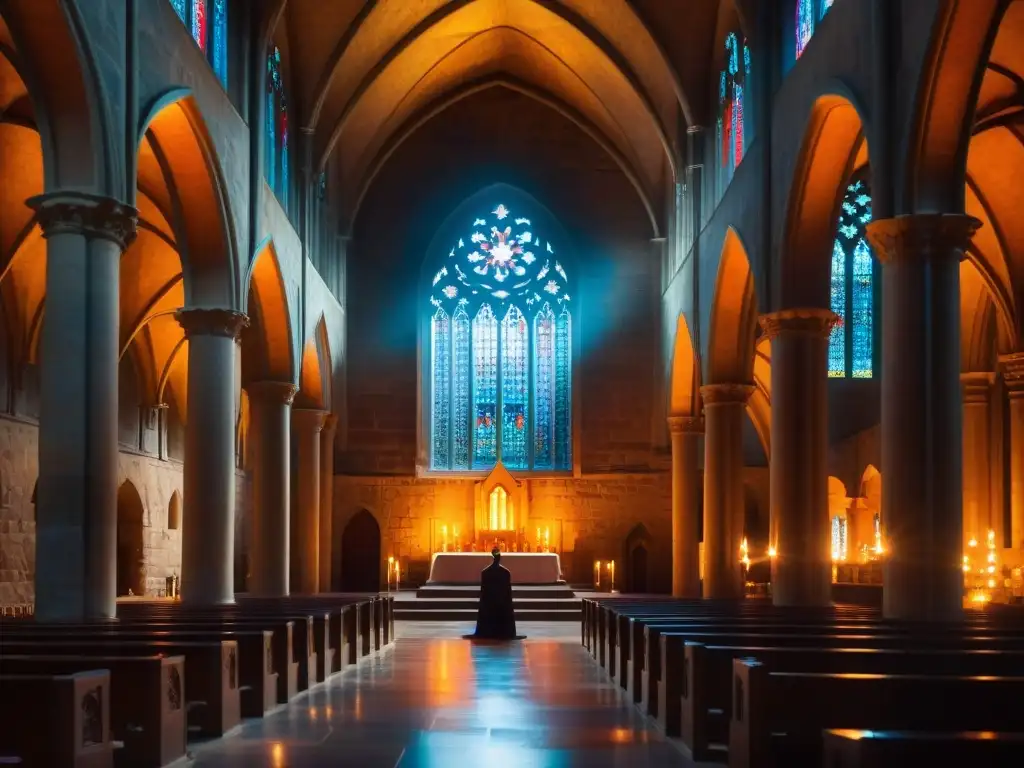 Escena mística en una catedral iluminada, reflejos de vidrieras, figura en meditación