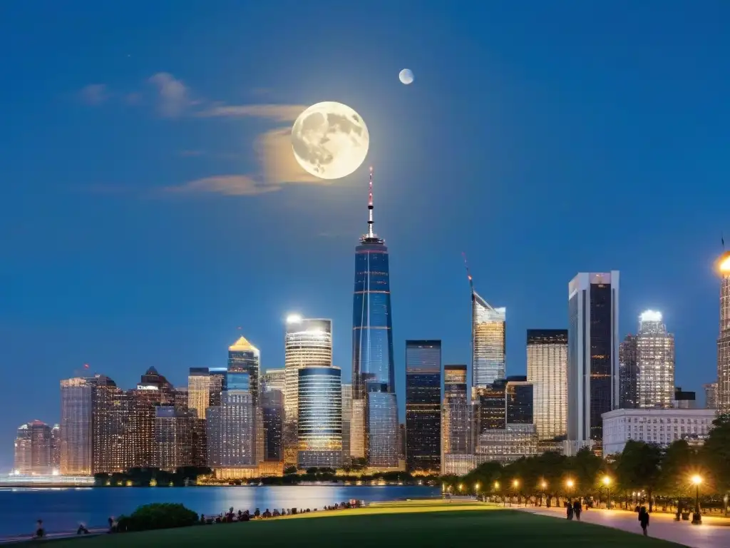 Una escena mística de la ciudad financiera de noche, iluminada por la luna llena, donde la astrología y las sociedades secretas convergen