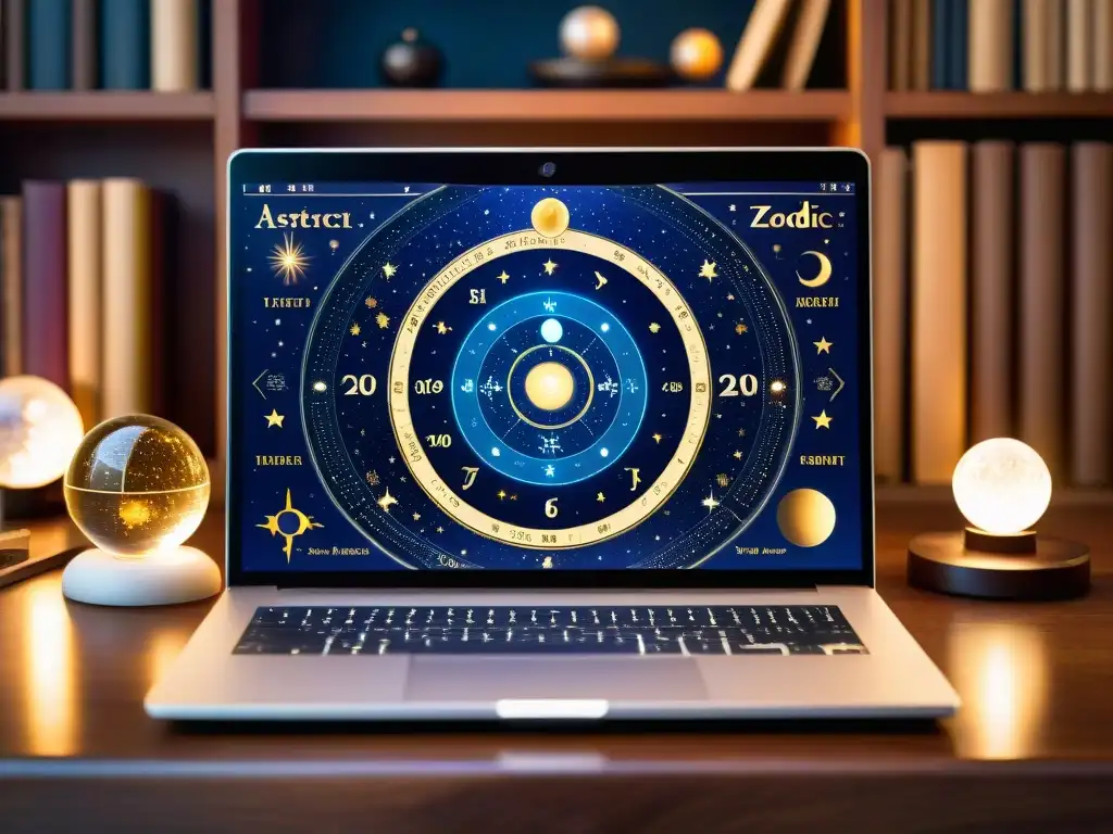 Escena mística: laptop muestra guía completa astrología software con cartas celestes, signos zodiacales y alineaciones planetarias