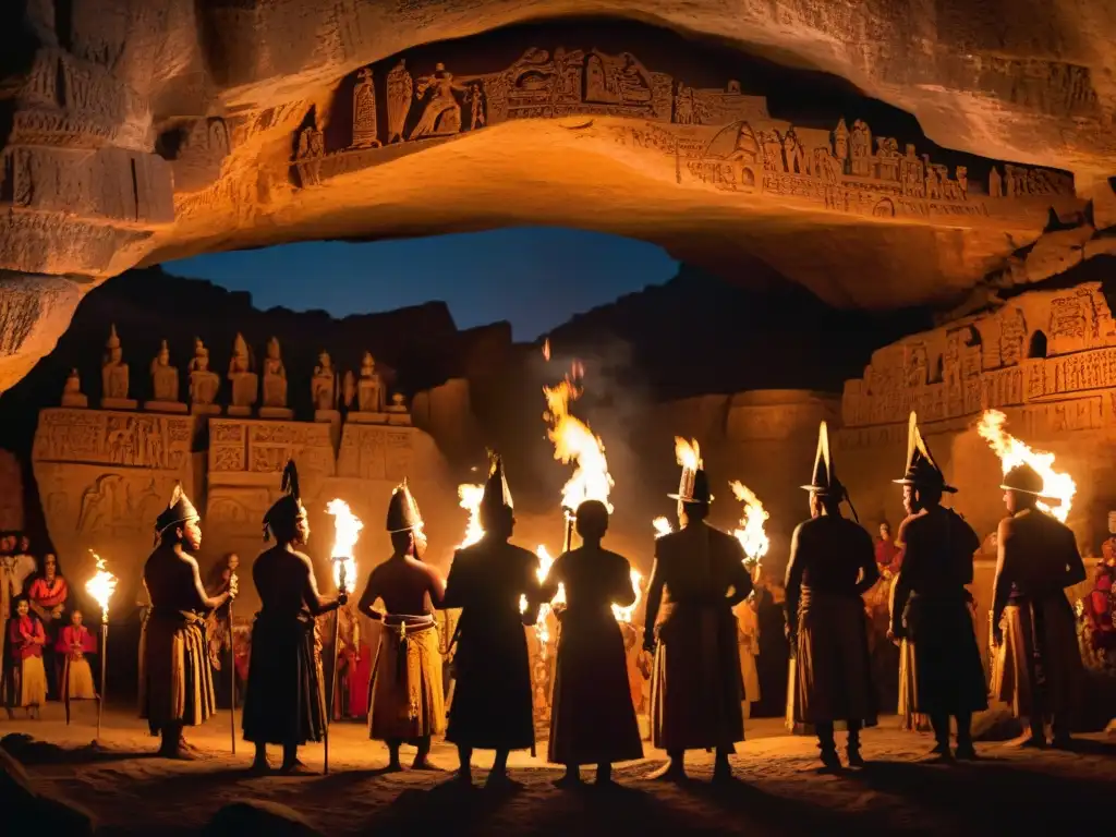 Una escena mística de un grupo en vestimenta ceremonial en una cueva iluminada por antorchas, realizando un ritual ancestral