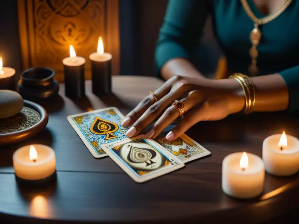 Escena mística de lectura de Tarot en una habitación iluminada por velas, mostrando tarjetas con arte simbólico de crecimiento personal