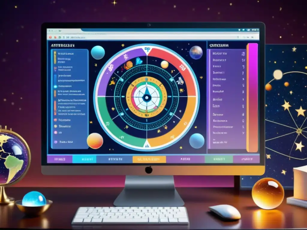 Escena mística: pantalla con software astrología y objetos místicos