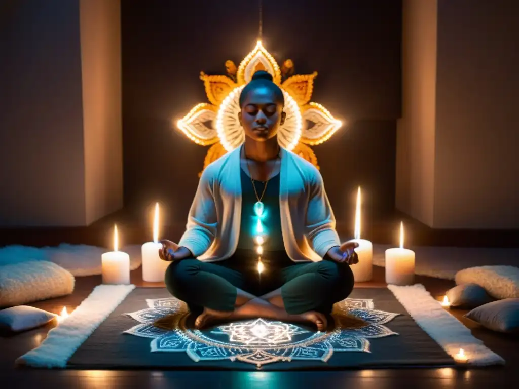 Una escena mística: persona meditando en una habitación iluminada por velas y cristales, rodeada de símbolos de energía psíquica