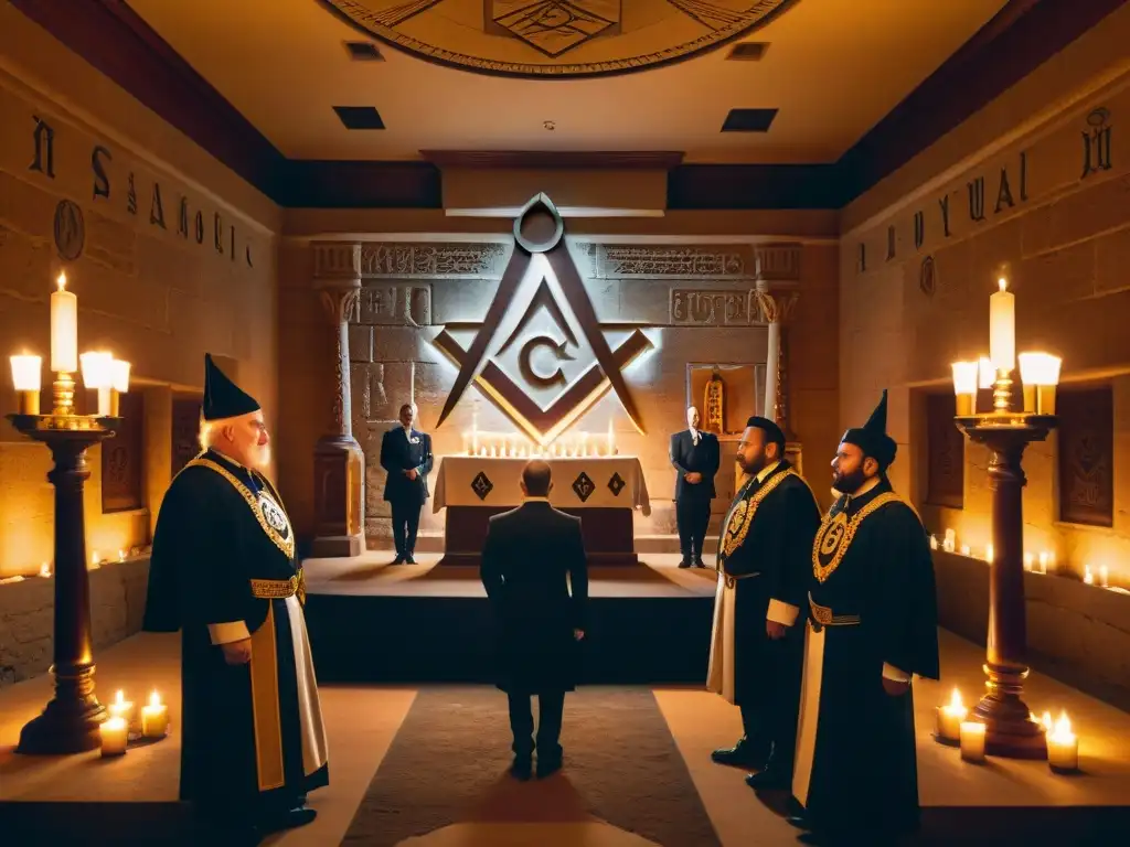 Una escena mística en un templo masónico iluminado tenue, con individuos en regalia y símbolos antiguos