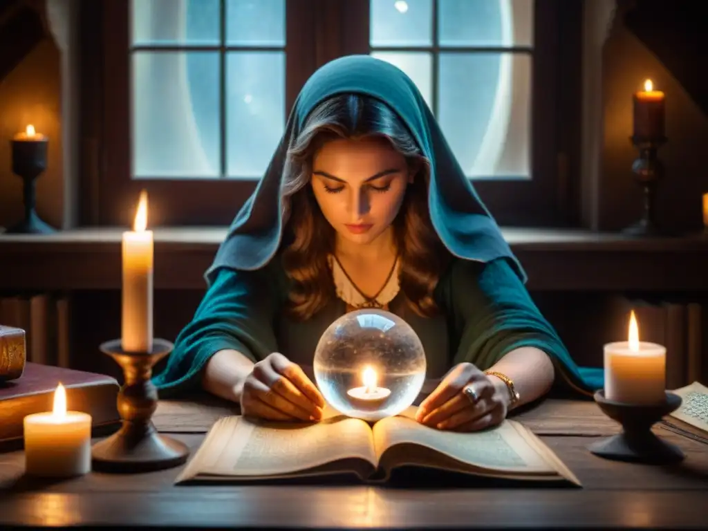 Escena mística con velas, bola de cristal, tarots y figura misteriosa estudiando un antiguo libro bajo luz tenue