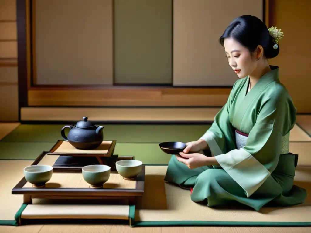 Escena de un ritual de té japonés tradicional en una sala de tatamis, con un maestro del té y una elegante vajilla de porcelana