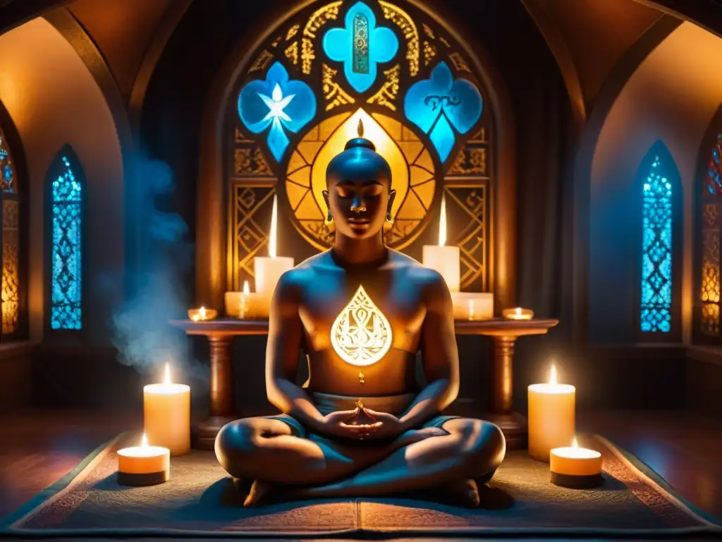 Escena de meditación en sala con símbolos templarios y app 'Mejores apps meditación tradicionales'