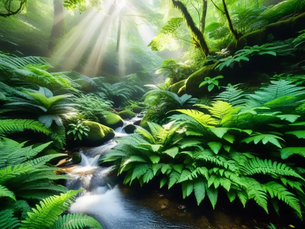 Escena serena de un bosque con luz filtrada, helechos verdes y rocas cubiertas de musgo