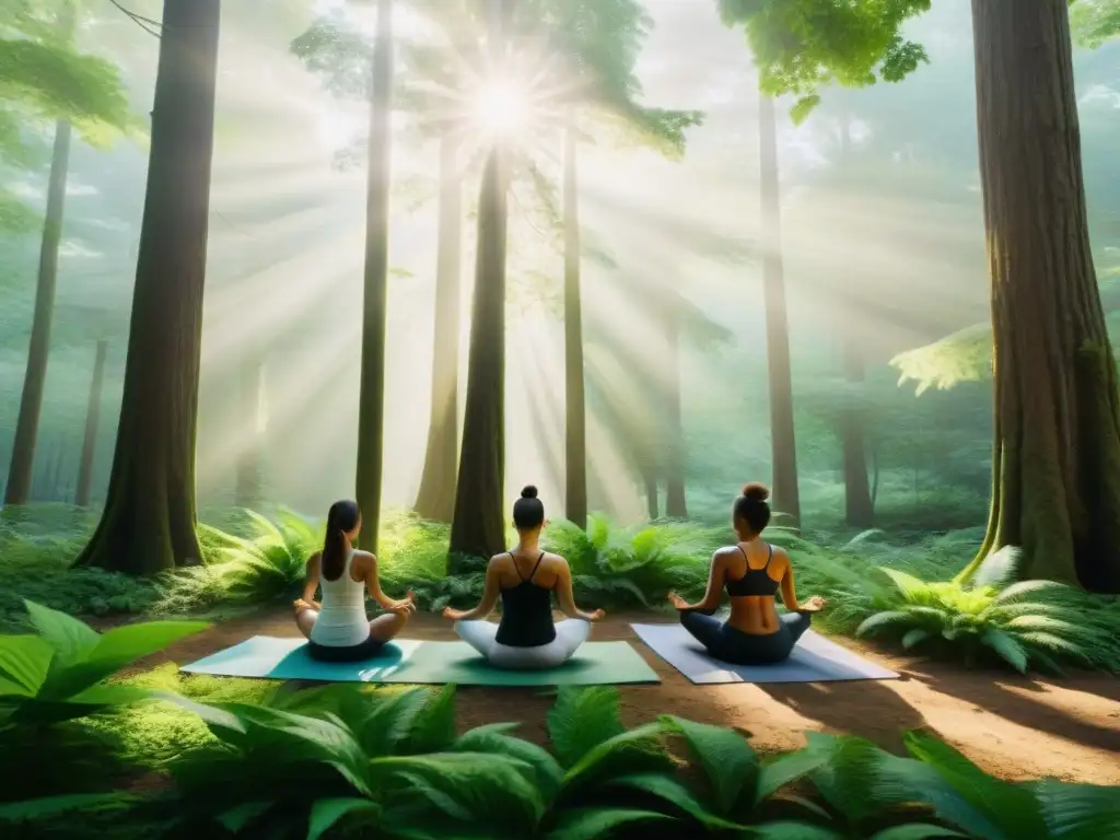 Una escena serena de personas diversas practicando yoga en un bosque verde, con luz solar filtrándose entre los árboles