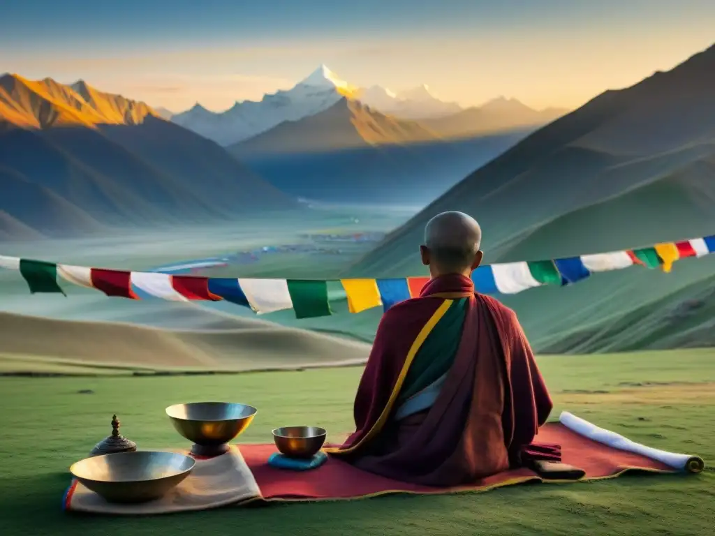 Escena serena al amanecer en el Tíbet, con campanas tibetanas limpieza energética y paisaje montañoso neblinoso de fondo