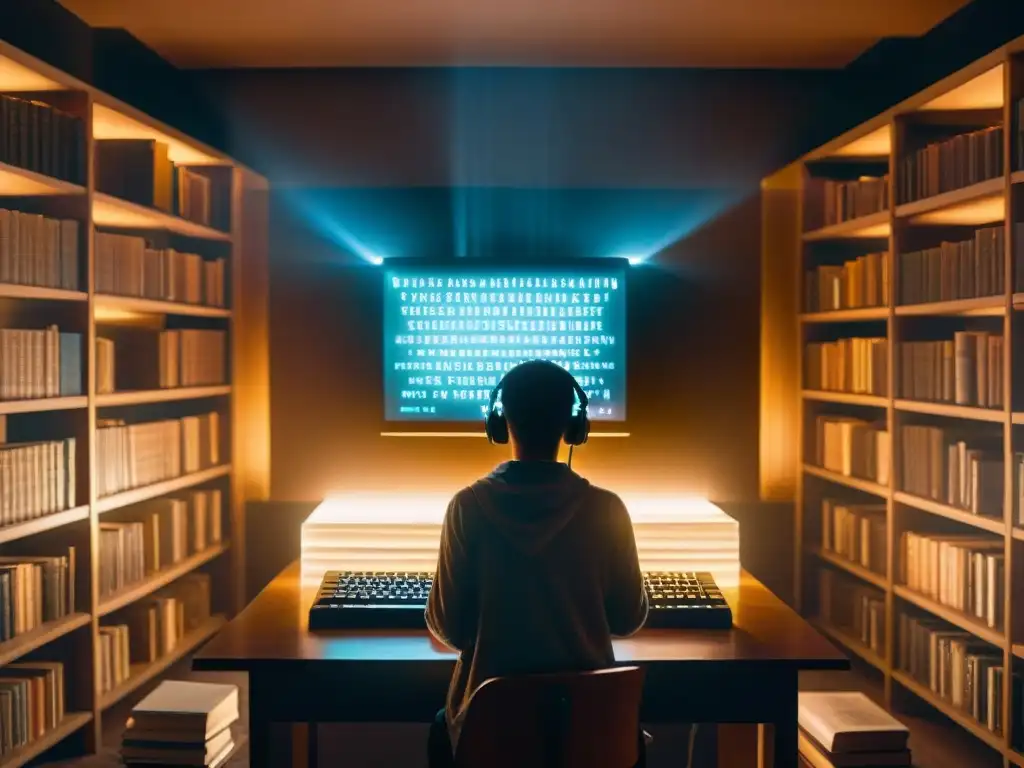 Escena sobrenatural: figura junto a IA en biblioteca llena de libros antiguos