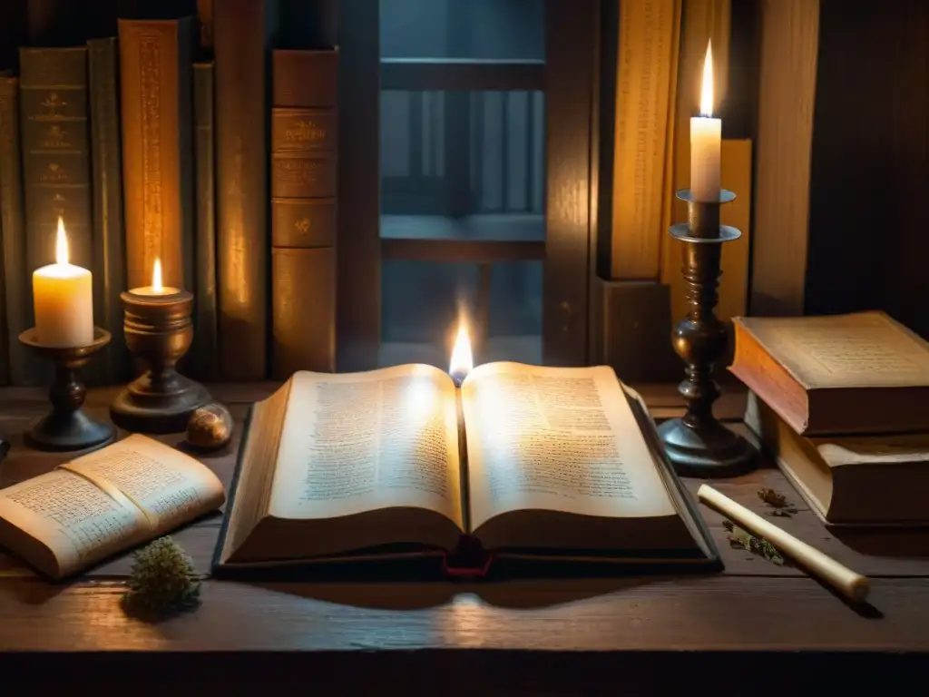 Escena tenebrosa de una habitación llena de libros antiguos, velas titilantes y un grimorio