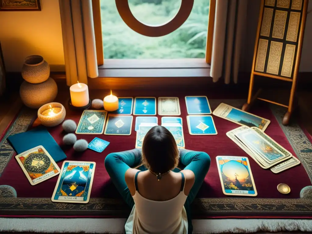 Una escena tranquila de introspección y equilibrio en una habitación iluminada naturalmente, con tarot y meditación