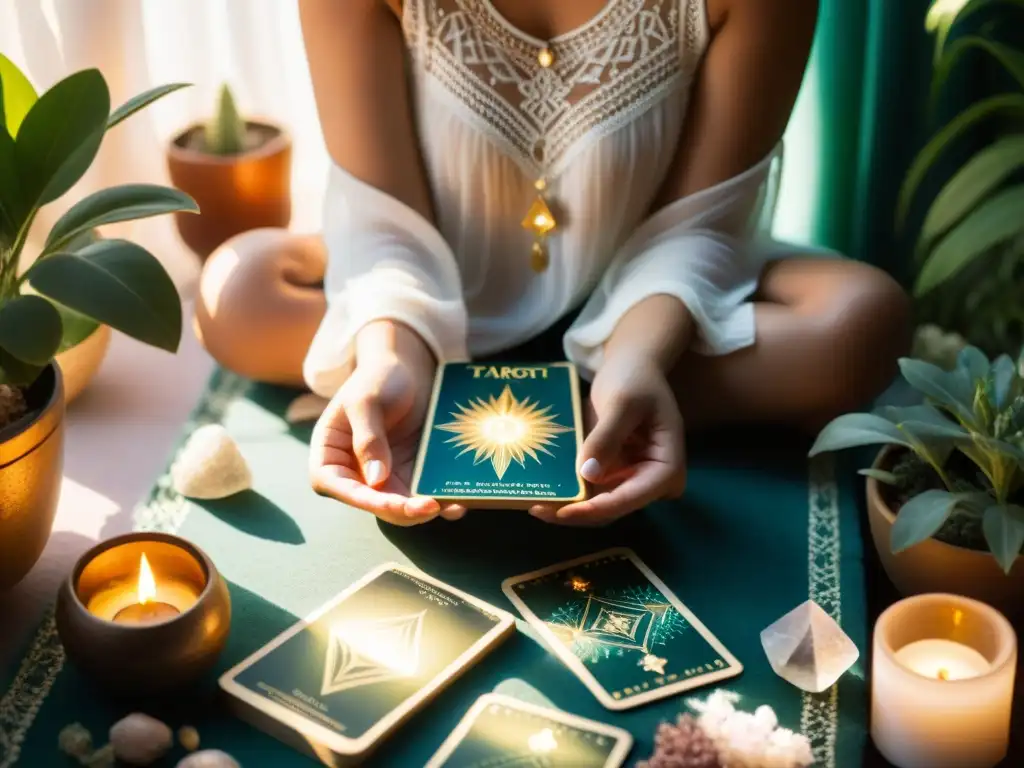 Una escena tranquila y espiritual: una persona en meditación con un mazo de tarot