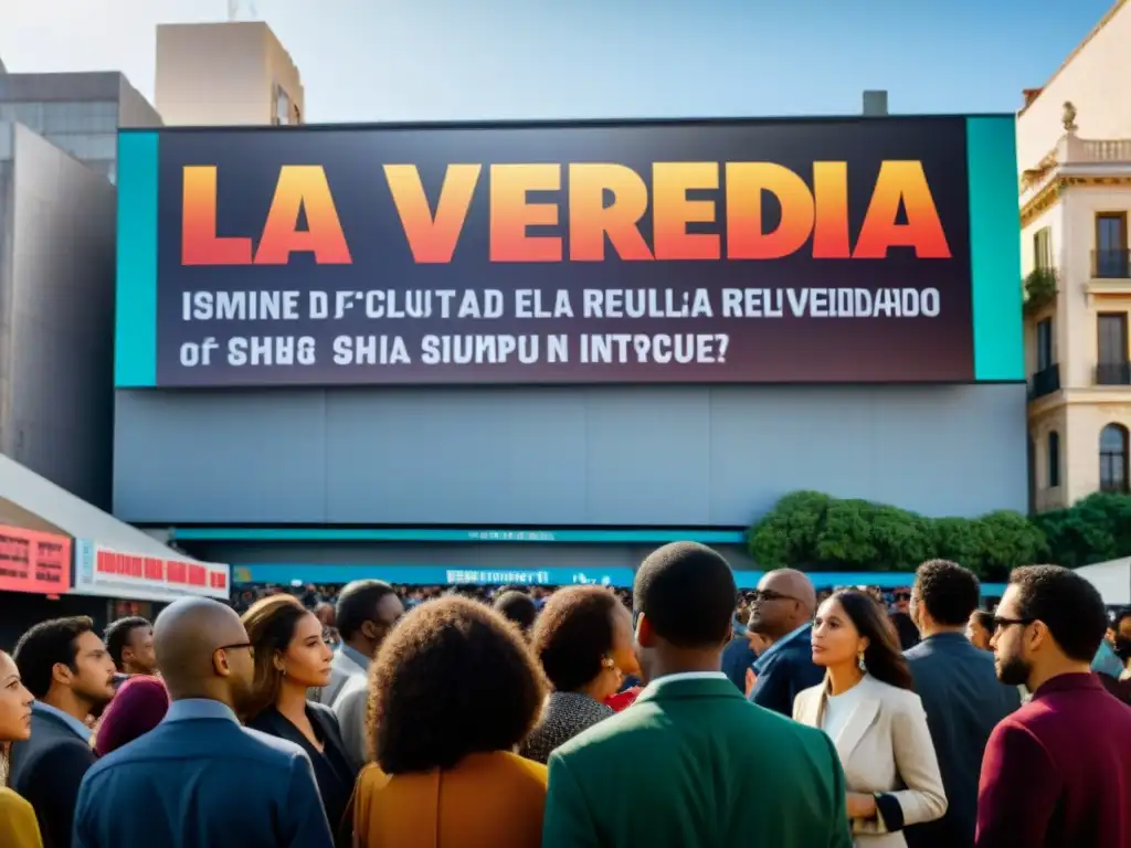 Escena urbana con diversidad de personas en conversaciones y debates, y un cartel que dice 'La Verdad Oculta: El Misterio del SIDA Revelado'