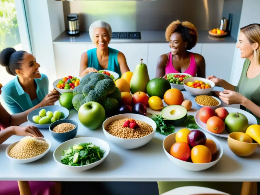 Una escena vibrante de personas diversas disfrutando de los beneficios del ayuno intermitente, rodeados de alimentos saludables en una cocina moderna