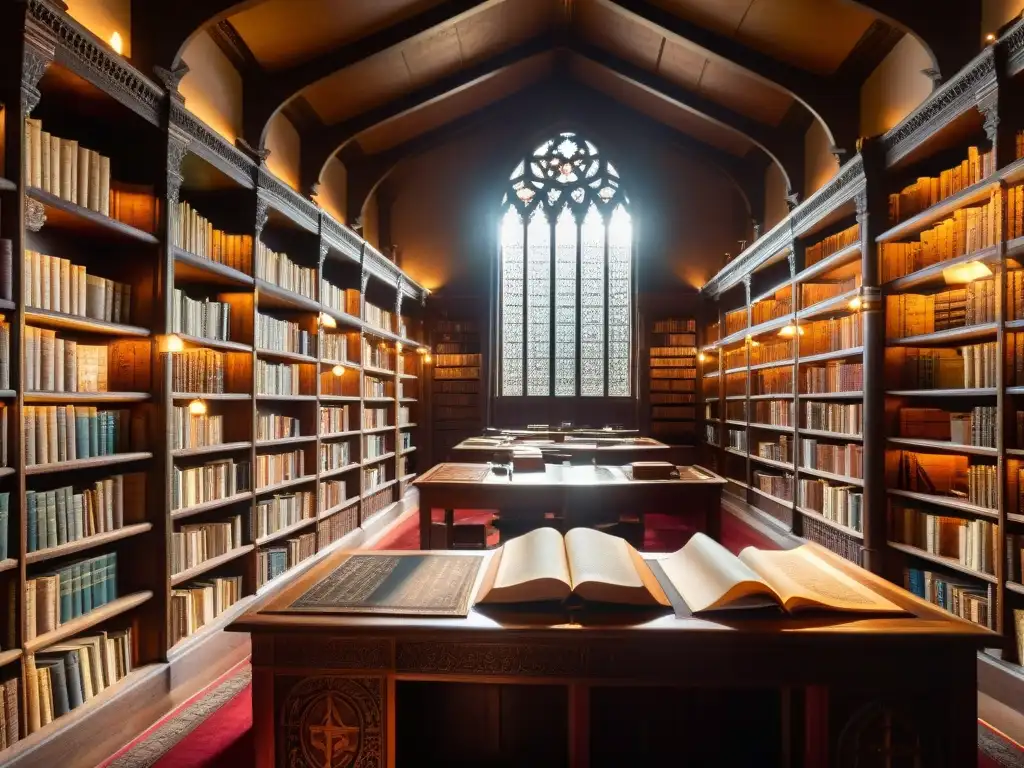 Un antiquísimo escenario de estudio iluminado por la luz del sol, donde académicos debaten rodeados de libros y pergaminos