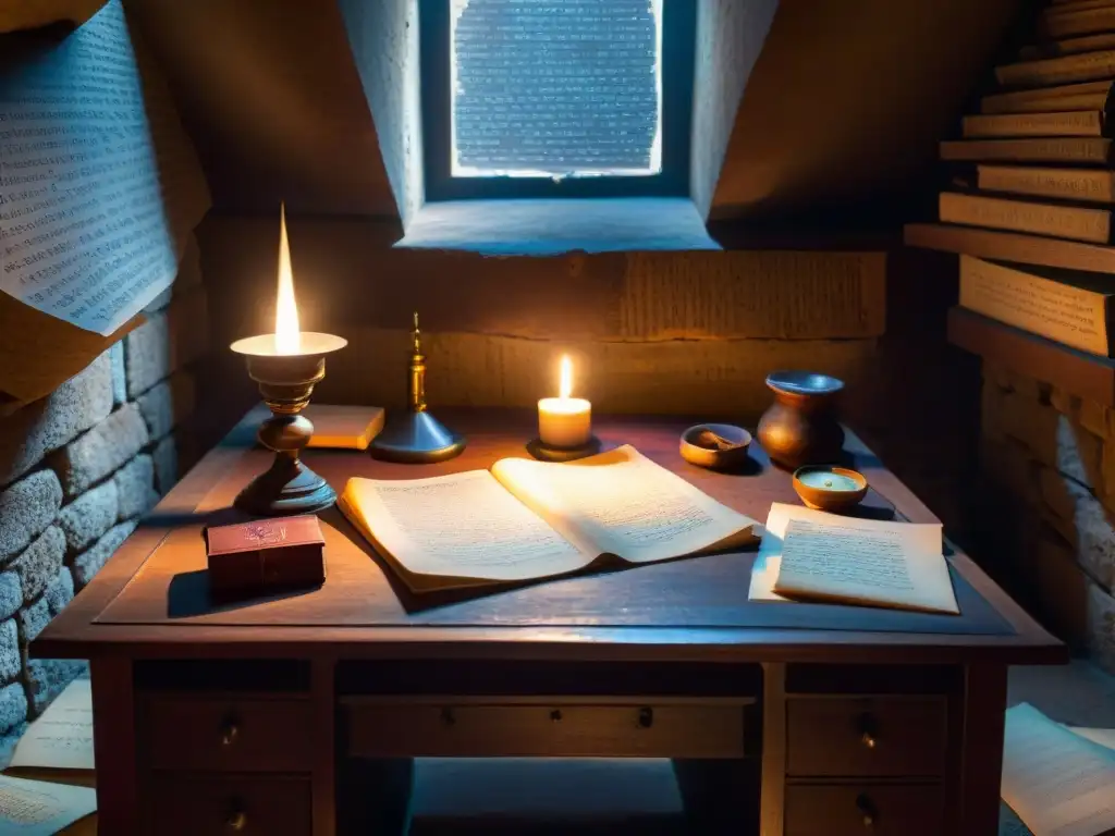 Un escenario misterioso y cargado de secretos: una habitación llena de manuscritos antiguos, artefactos misteriosos y luz de velas titilantes