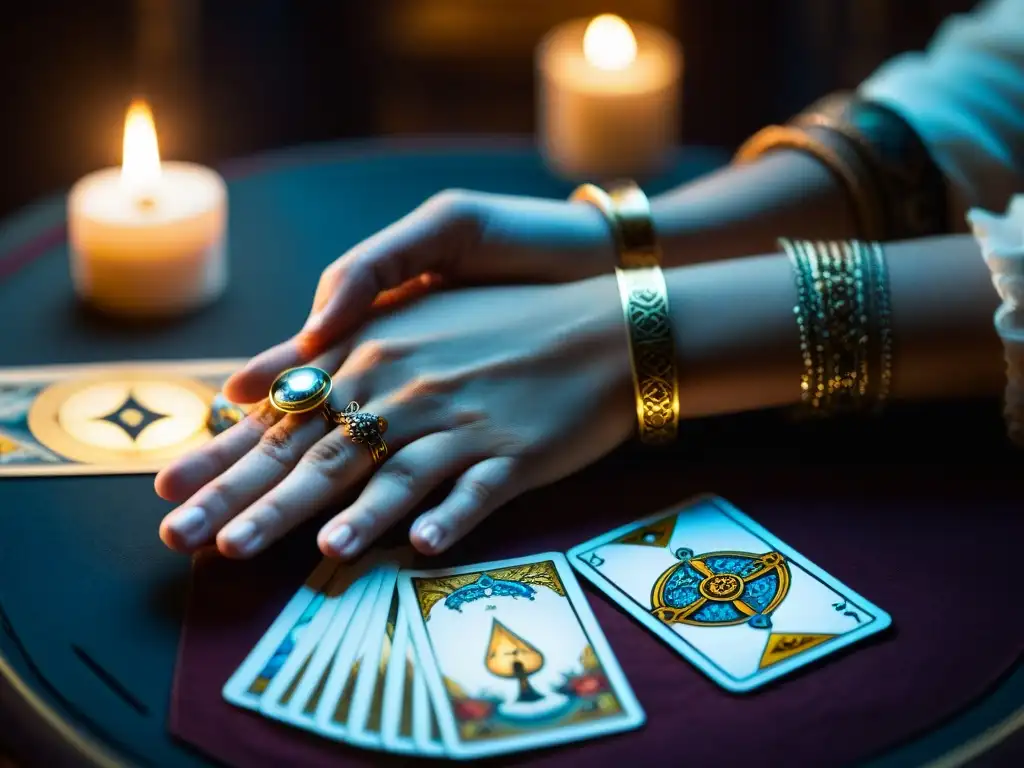 Un escenario místico se revela en una imagen detallada de manos barajando cartas de tarot, con anillos ornamentados y pulseras