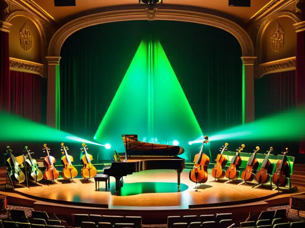 Un escenario místico con instrumentos antiguos y símbolos esotéricos, donde un director de orquesta en sombras irradia energía sobrenatural