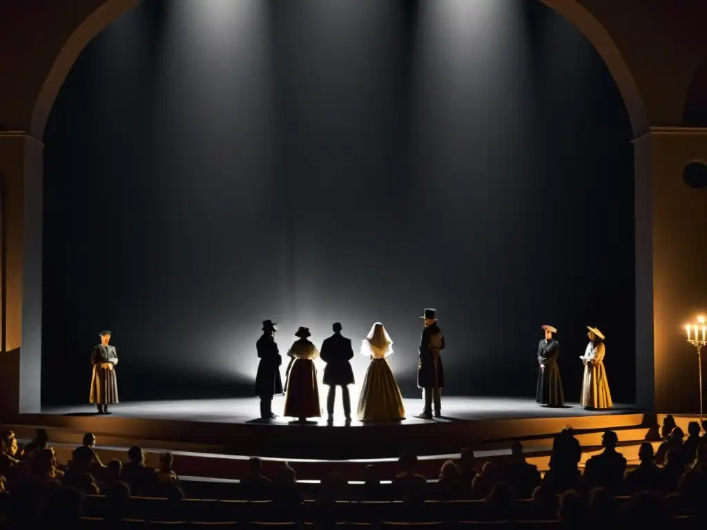 Un escenario teatral iluminado por un foco, actores dramáticos en trajes de época, con una iglesia de fondo