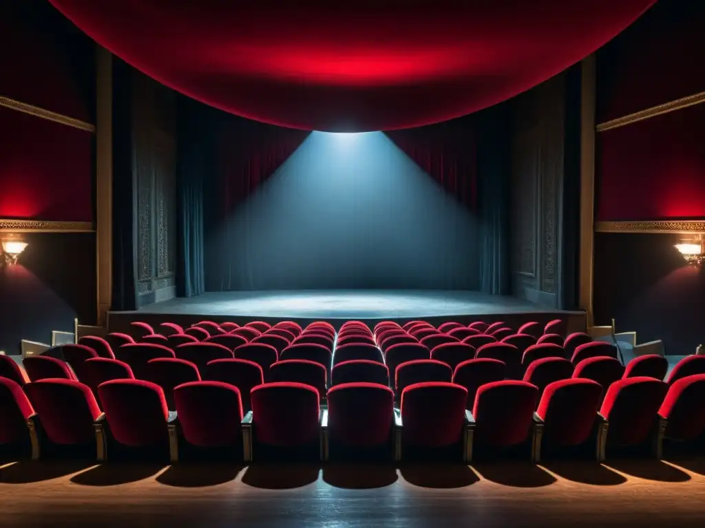 Escenario teatral oscuro con asientos de terciopelo rojo vacíos y una bola de cristal en el escenario iluminado, representación de brujería en cine