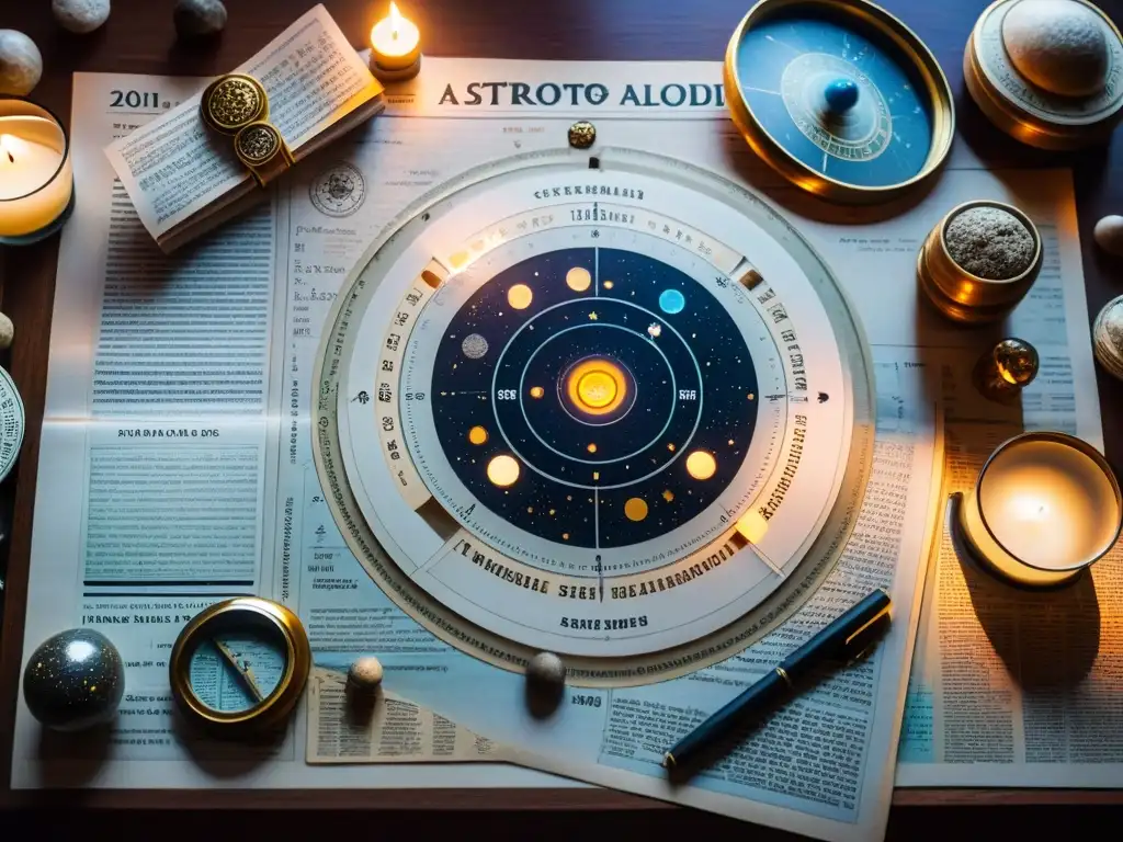 Un escritorio de astrólogo lleno de mapas celestiales, gráficos astrológicos y periódicos financieros vintage