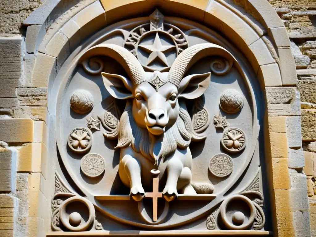 Escultura detallada de Baphomet en la Capilla Templaria en Château de Gaston, Francia