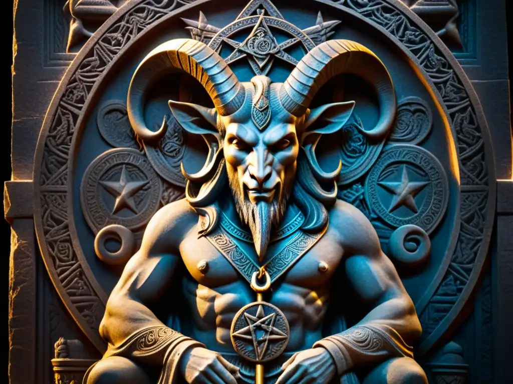 Escultura detallada de Baphomet con símbolos envejecidos, iluminada por un rayo de luz