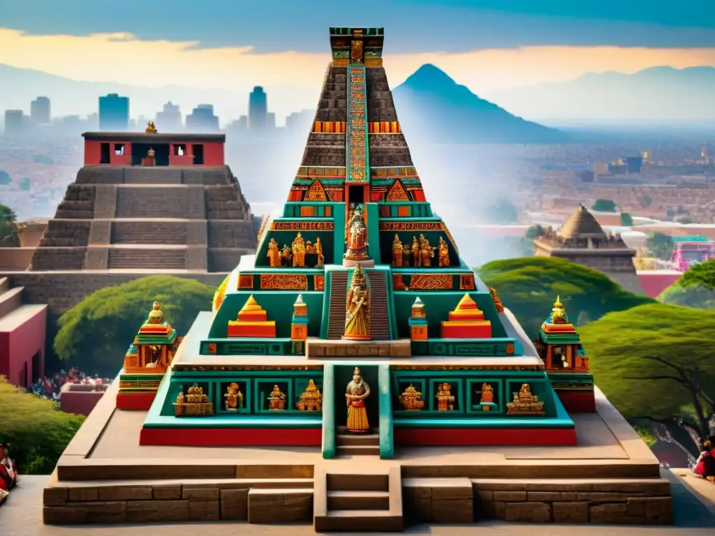 Escultura detallada de un sacerdote azteca realizando un ritual de sacrificio en una pirámide, rodeado de espectadores en una ciudad azteca animada
