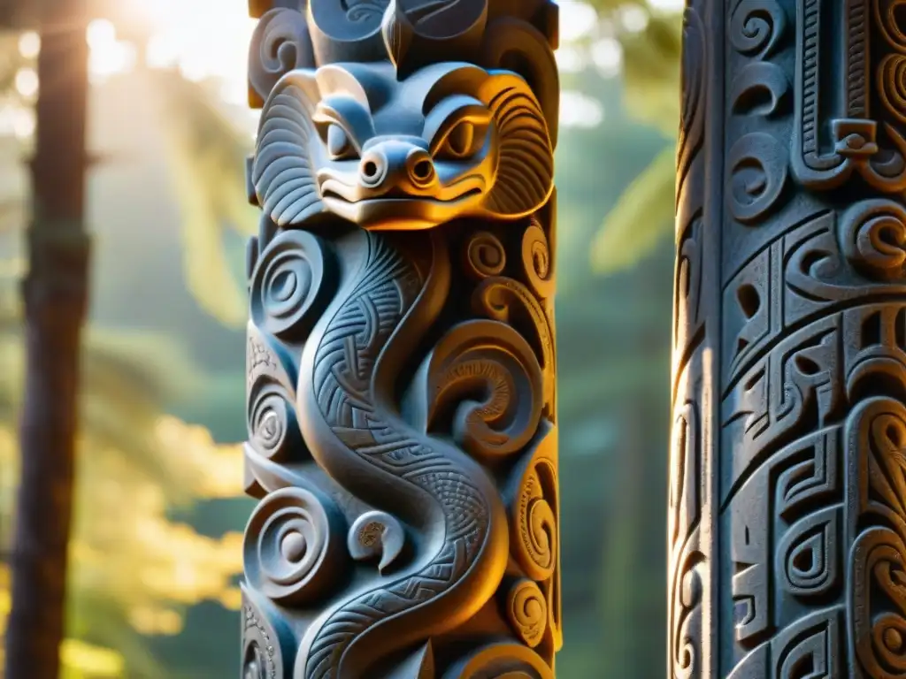 Escultura de serpiente en totem ancestral, con plumas y patrones intrincados