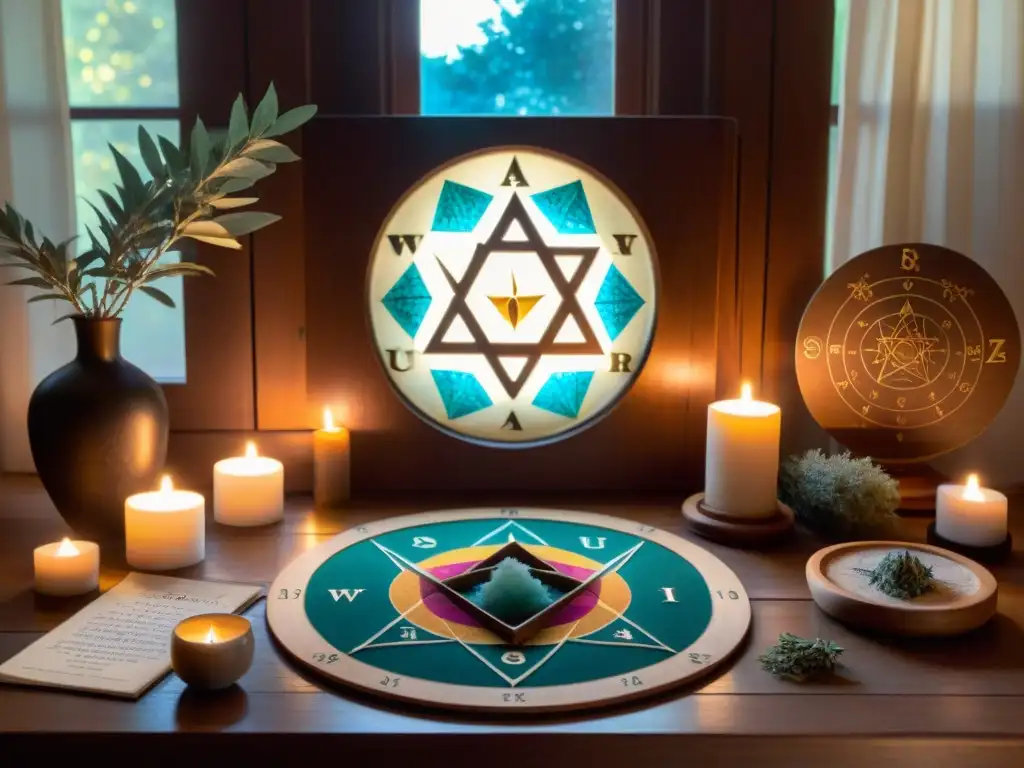 Sala mística: cuadrícula de cristal, astrología y sage Un espacio místico con un gran grid de cristal, sahumerios y cartas astrales