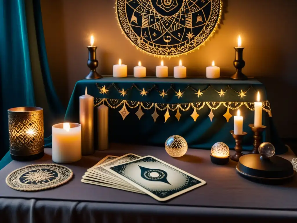 Un espacio místico para una lectura de tarot transformadora, con velas, cristal y cartas en un patrón complejo