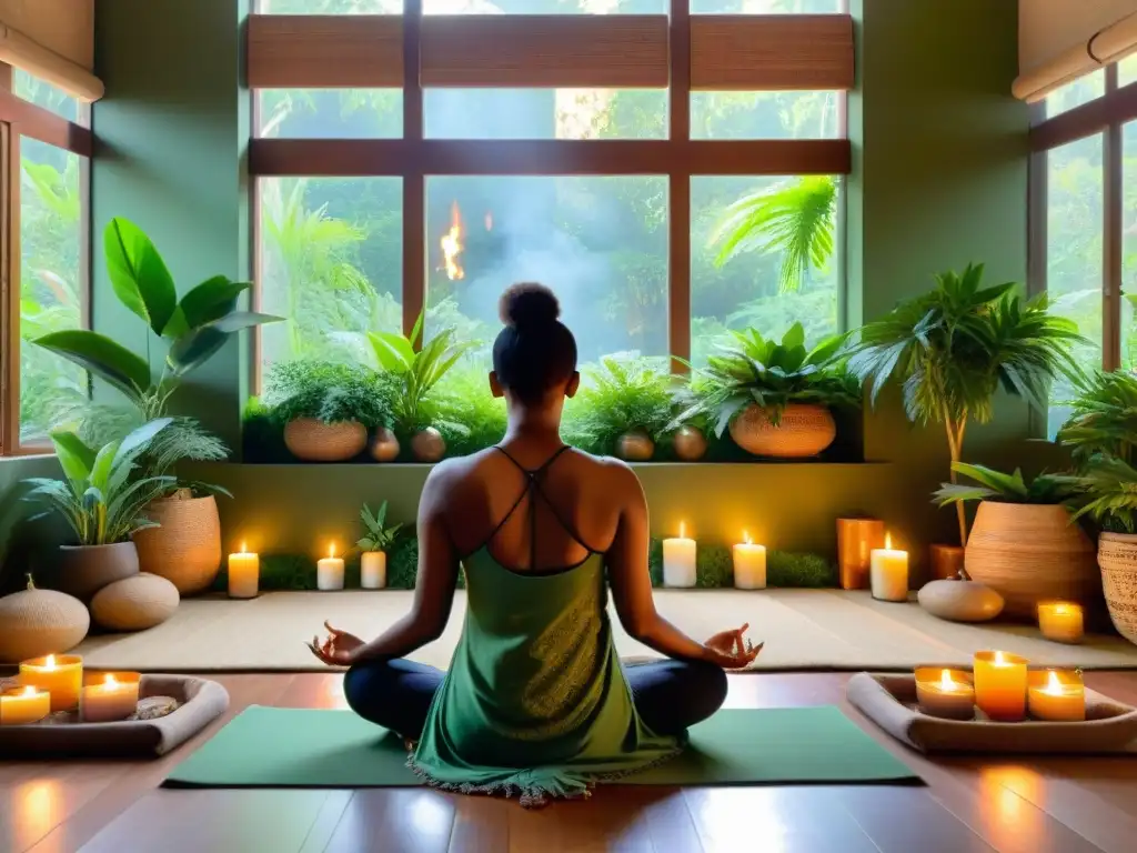 Un espacio de meditación sereno, iluminado por la luz del sol, con incienso y velas encendidas