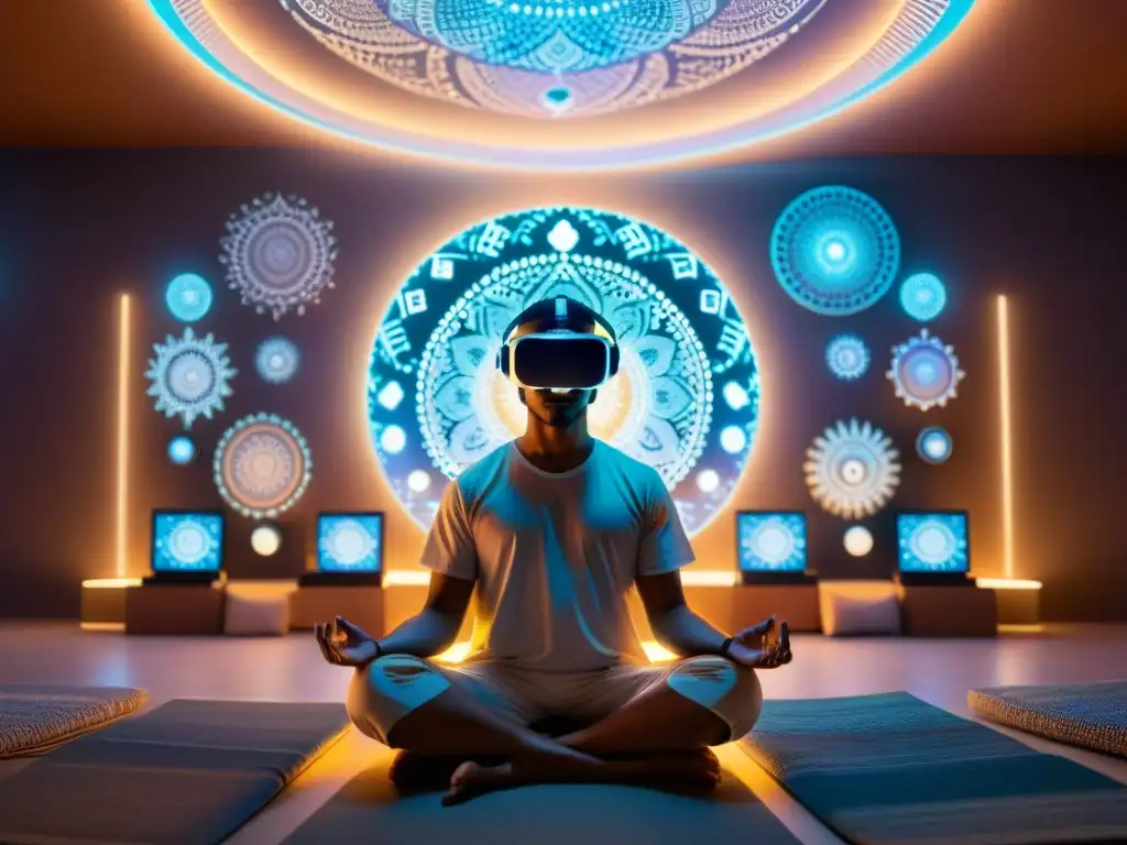 Un espacio tecnológico y sereno, con mandalas digitales y una persona meditando