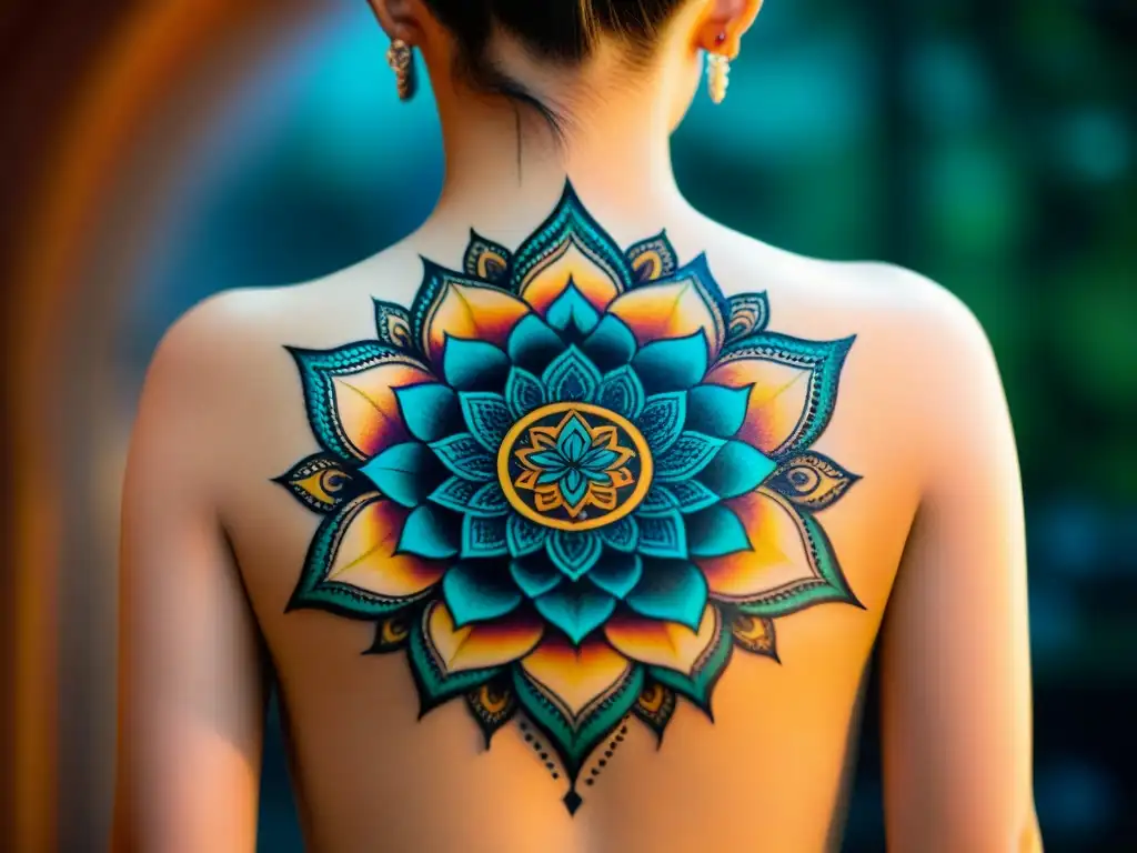 Un espalda llena de tatuajes espirituales: secretos y significados, mandalas, flores de loto y geometría sagrada en colores vibrantes